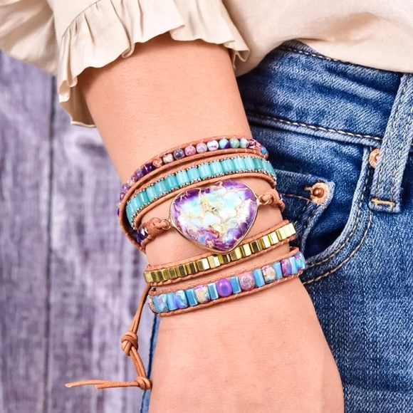 Purple Heart Jasper Beaded Wrap Bracelet - Picture 5 of 10